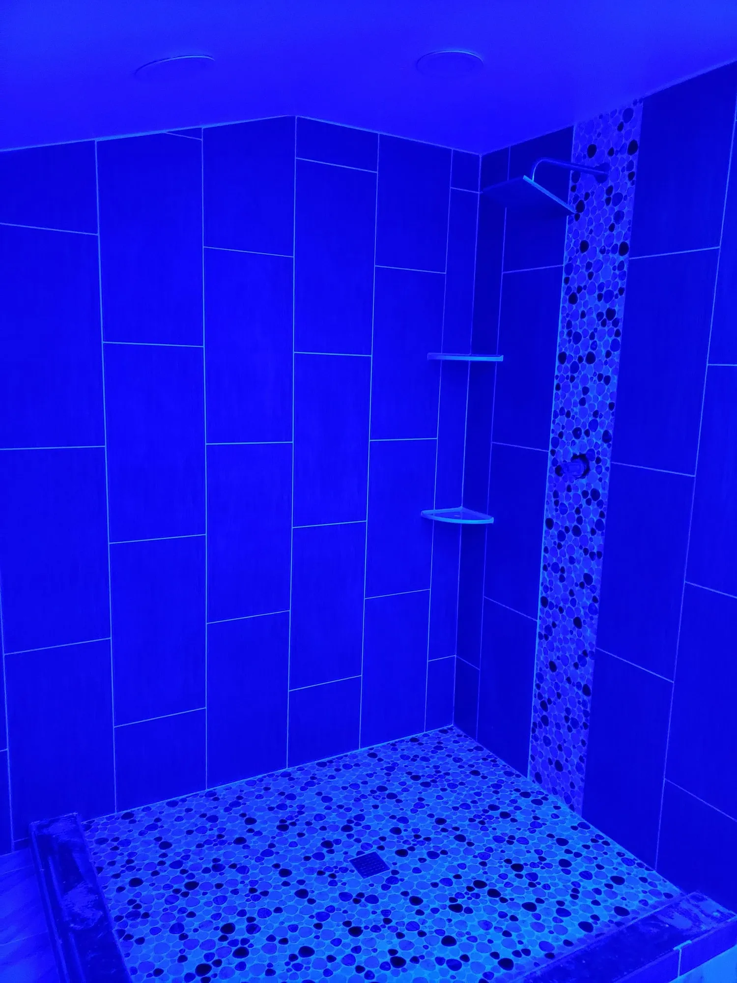 Remodeled bathroom with LED accent lighting and a pebble mosaic feature wall