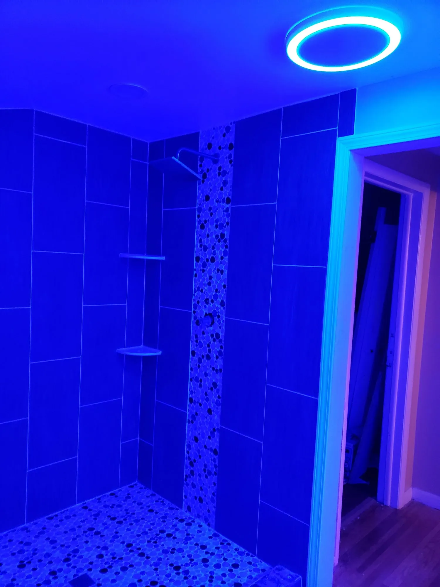 Tiled shower with a vertical pebble mosaic stripe and LED cove lighting